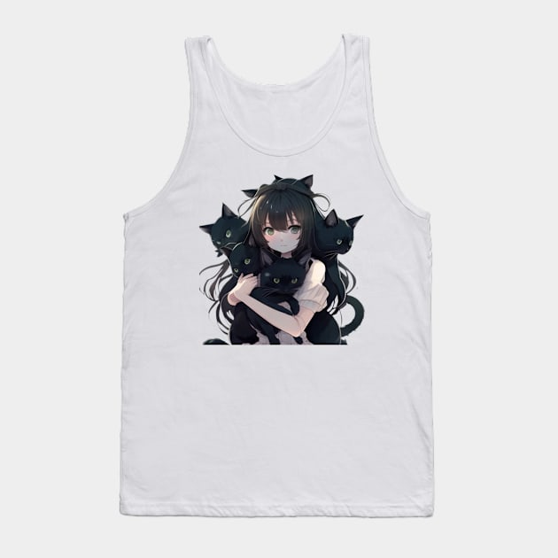 Anime Girl Hugging Many Black Cats Tank Top by YuriArt